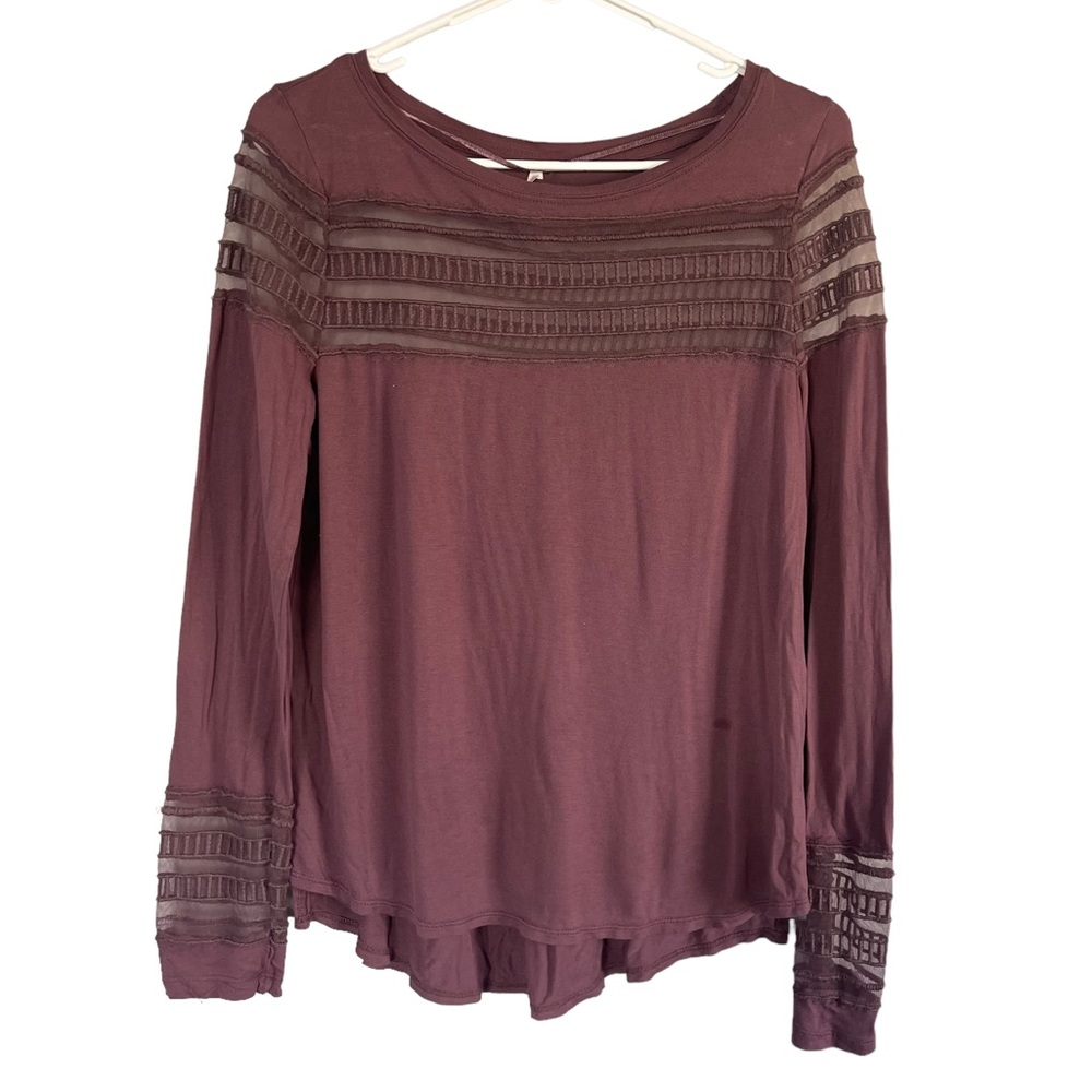 Free People Long Sleeve Tee Top Knit Mesh Inset Mauve Berry Boat Neck sz S